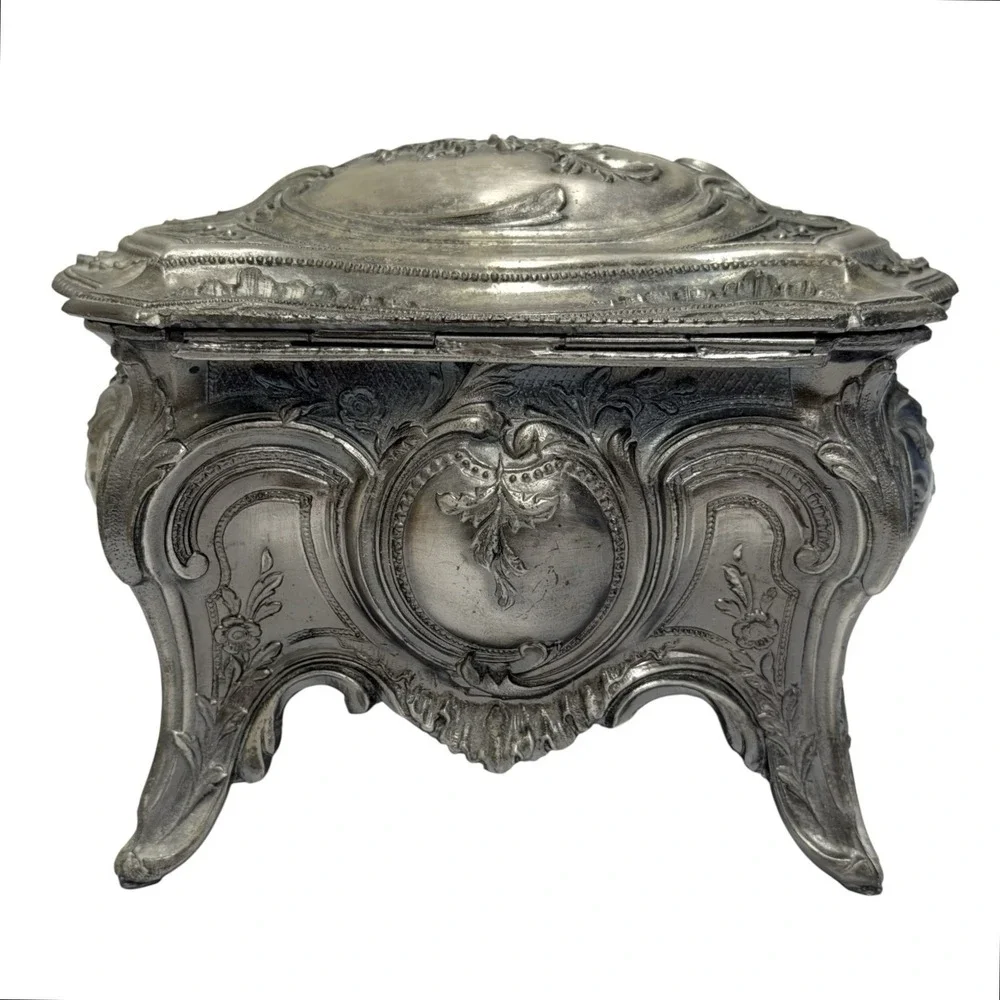 Vintage Pewter Intricate Floral Jewelry Casket Box Ornate Victorian Design Japan